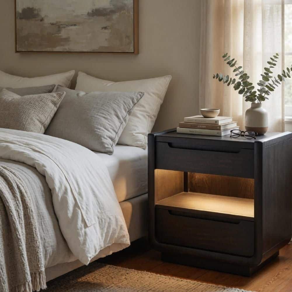 Lina Burnished Black 2 Drawer 28 in. W Nightstand with LED Light and Dual USB Port