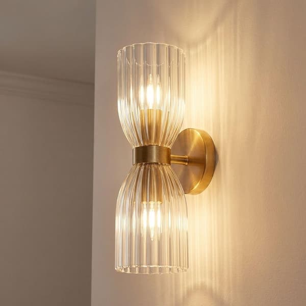 Meridian 5 in. W x 13.75 in. H 2-Light Natural Brass Transitional Wall Sconce with Clear Pleated Glass Shades