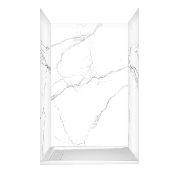 Glacier Bay 48 in L x 34 in W x 78 in H 4-Piece Glue Up Alcove Shower Wall and Left Concealed Drain Base in Calacatta White Marble
