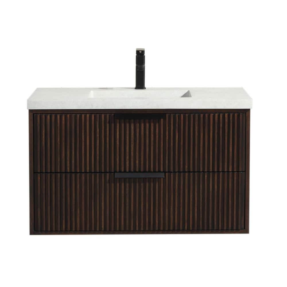 San Diego 36" Walnut Floating Bathroom Vanity with Concrete Countertop