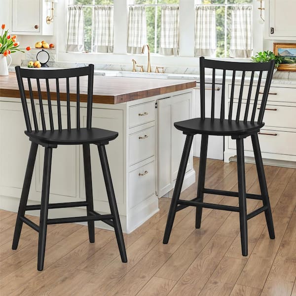 LUE BONA Winston 24 in. Black Windsor Barstool Wooden Farmhouse Spindle Back Counter Height Stool for Kitchen Island (Set of 2)