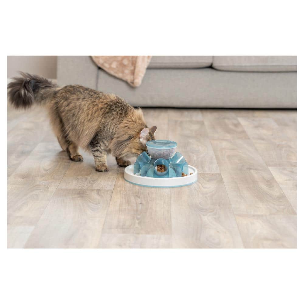 Interactive Blue and White Plastic Tunnel Feeder for Cats
