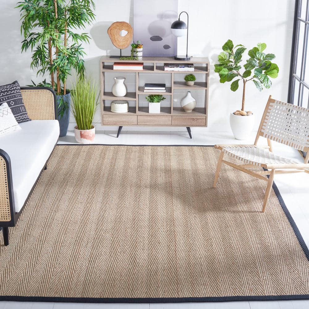 Herringbone Hand-Knotted Cotton Area Rug 4' Square, Natural & Black