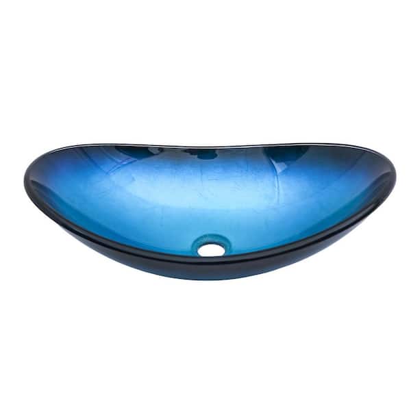 21.5 in. Artistic Tempered Glass Vessel Bathroom Sink in Blue with Pop-Up Drain, Boat Shape