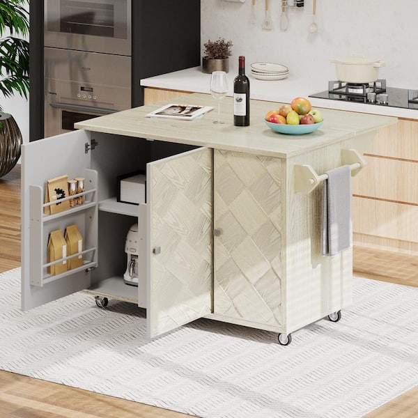 Harper & Bright Designs Handwoven Design Champagne Ash Veneer Wood Kitchen Cart with Drop-Leaf, Door Internal Racks, 4-Wheels