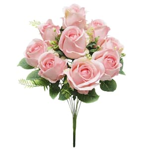 19 in. Pastel Blush Pink Artificial Rose Flower Stem Bush Bouquet (Set of 2)