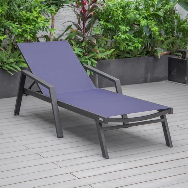 Leisuremod Marlin Outdoor Patio Chaise Lounge Chair with Arms in Black Aluminum Reclining Backrest Mesh Sling Seat in Navy Blue