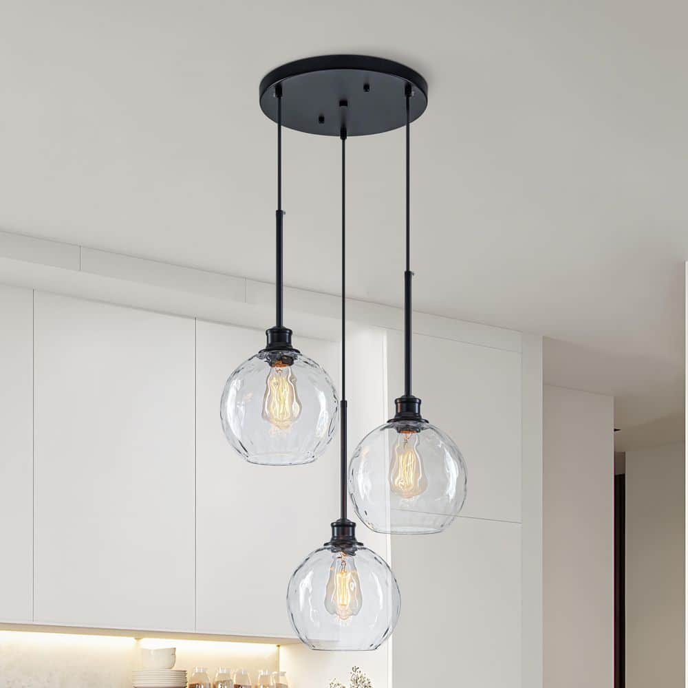 17 in. 3-Light Modern Black Pendant Light with Rippled Glass Globe Shades for Kitchen Island, Dining Room or Staircase price history on PriceWatchPro