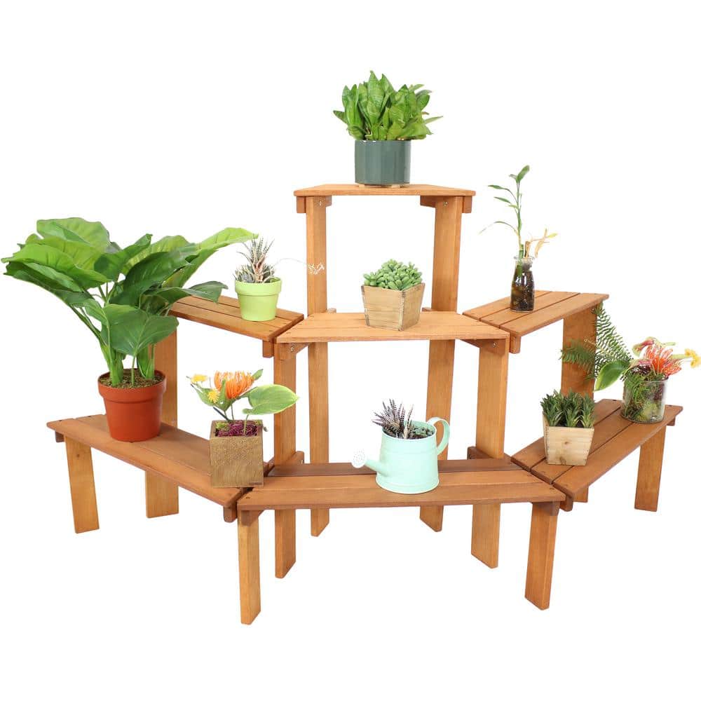 Sunnydaze 3-Tier Meranti Wood Outdoor Plant Stand with Teak Oil Finish