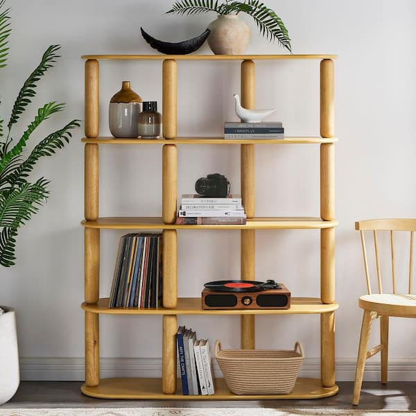 Arcus 60 in. Tall 4-Tier Rounded Wood Bookshelf in Oak-Modern Oval Bookcase with Solid Wood Rods and Open Shelf Storage