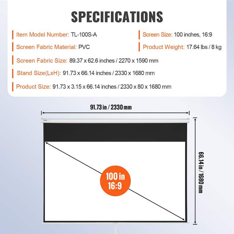 Projector Screen 100 in. Retractable Projection Screen Auto-Locking Portable Projection Screen for Home Office Theater