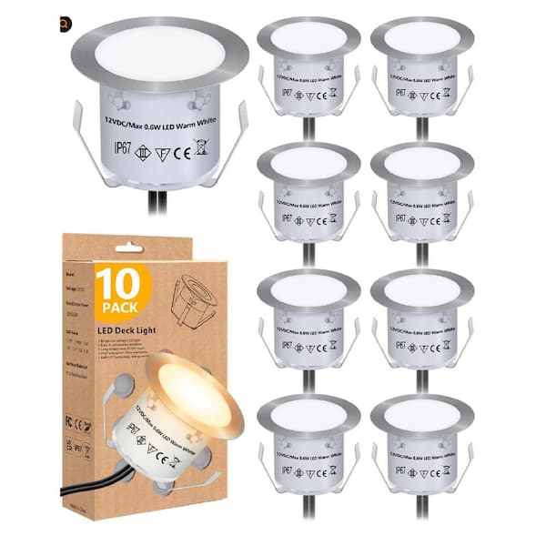 850 Lumen White Integrated LED Recessed Deck Light Kits, IP67 Waterproof Outdoor Step Stair Lights Warm White, (10-Pack)