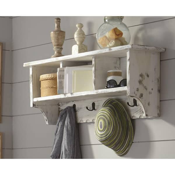 Country Cottage White Antique Coat Hooks with Storage Cubbies