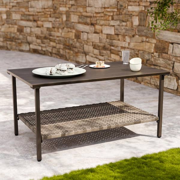 EAGLE PEAK Rectangle Metal Wicker Outdoor Coffee Table with 2-Tier Storage Shelf