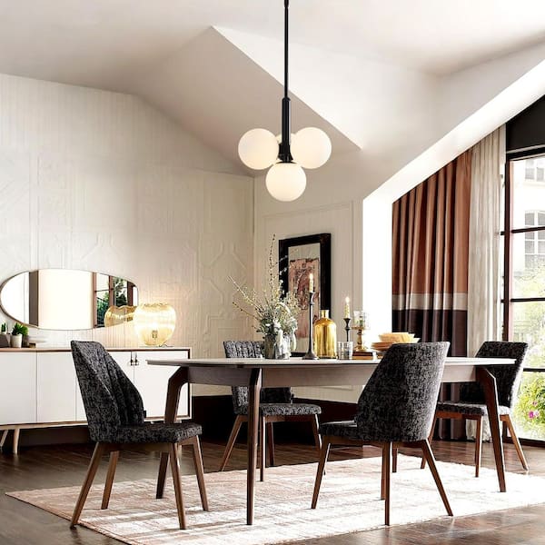 4-Light Black Modern Cream Glass Globe Chandelier Spherical Pendant Light for Dining Room with No Bulbs Included
