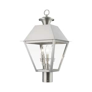 Helmsdale 22 in. 3-Light Brushed Nickel Cast Brass Hardwired Outdoor Rust Resistant Post Light with No Bulbs Included