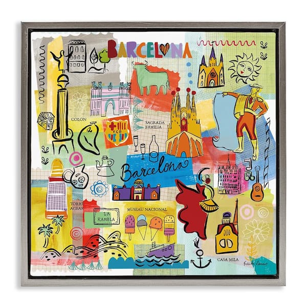 Stupell Industries Barcelona Landmarks Spain Traditions by Veronique Charron Gray Floater Frame Travel Graphic Art Print 18 in. x 18 in.