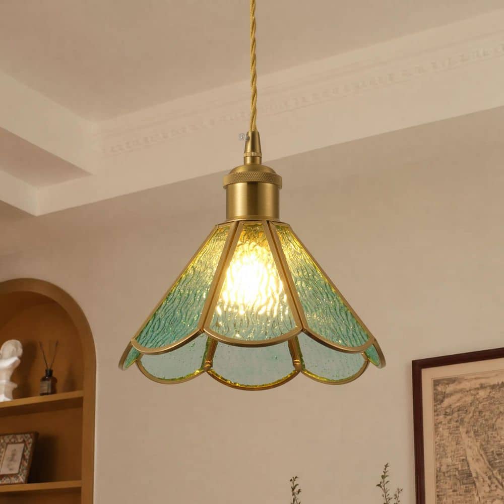 7.87 in. 1‑Light Vintage Lantern Brushed Brass Pendant Light Petal-Shaped Light with Blue Water‑Ripple Glass Shade price history on PriceWatchPro