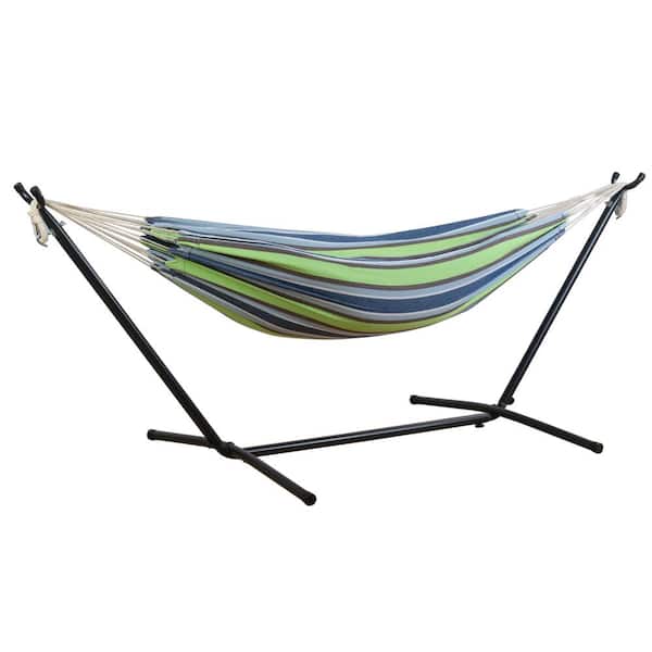 KOZYARD 10 ft. Portable Hammock with Space Saving Steel Stand, Green Stripe Fabric and Carry Bag
