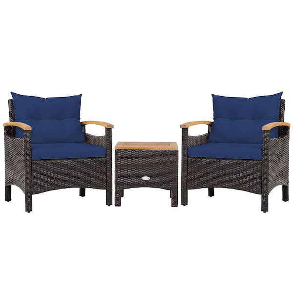 Costway 3-Piece Metal Wood Plastic Wicker Patio Conversation Set with Navy Cushion