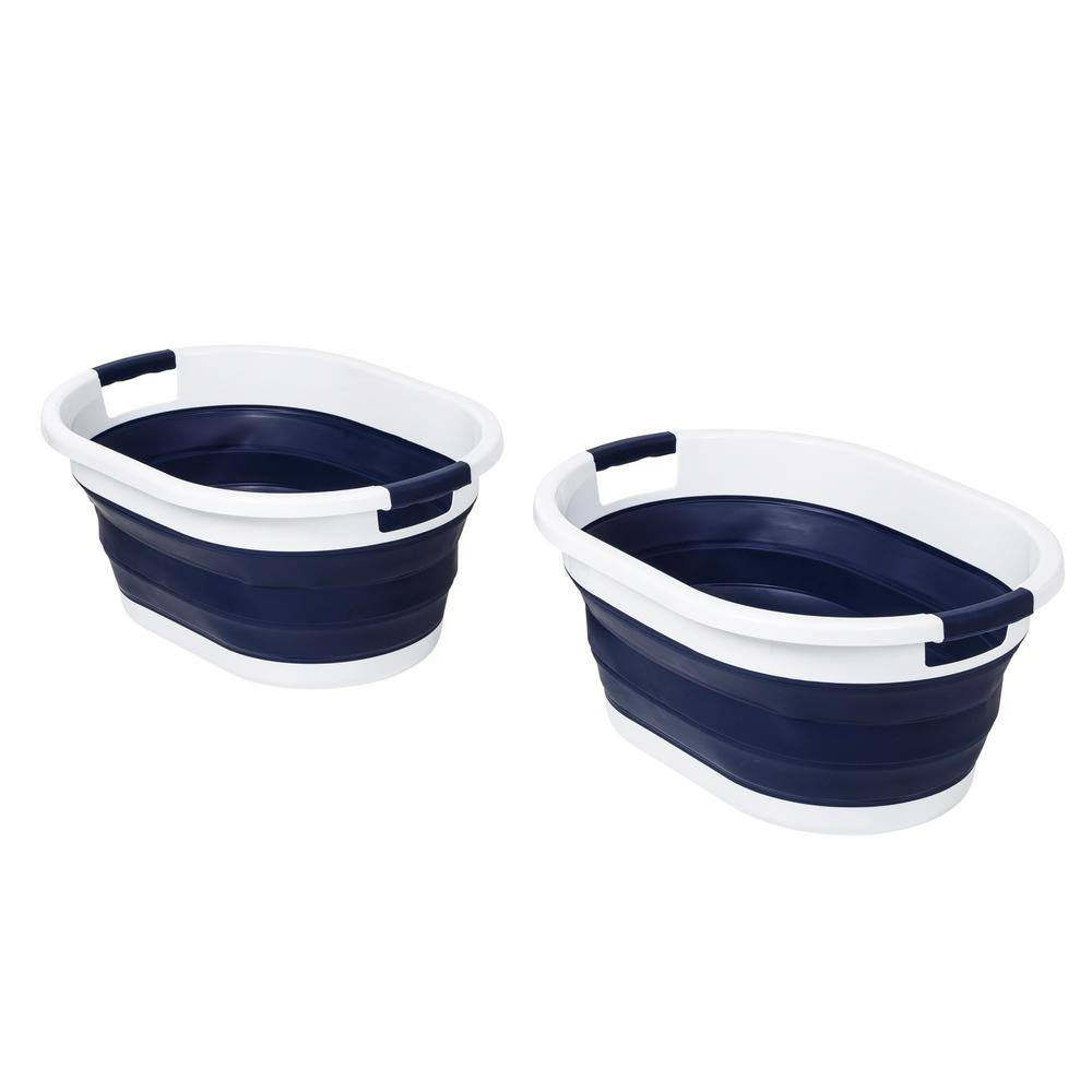 Navy Blue and White Collapsible Rubber Laundry Hampers, Set of 2