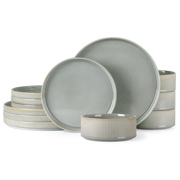 12-Piece Green Lightweight Porcelain Dinnerware Set, Service for 4, Scratch Resistant, Microwave Safe, Dishwasher Safe