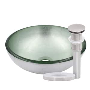 Argento Mini 12 in. Silver Foiled Round Clear Glass Vessel Bathroom Sink with Drain in Brushed Nickel