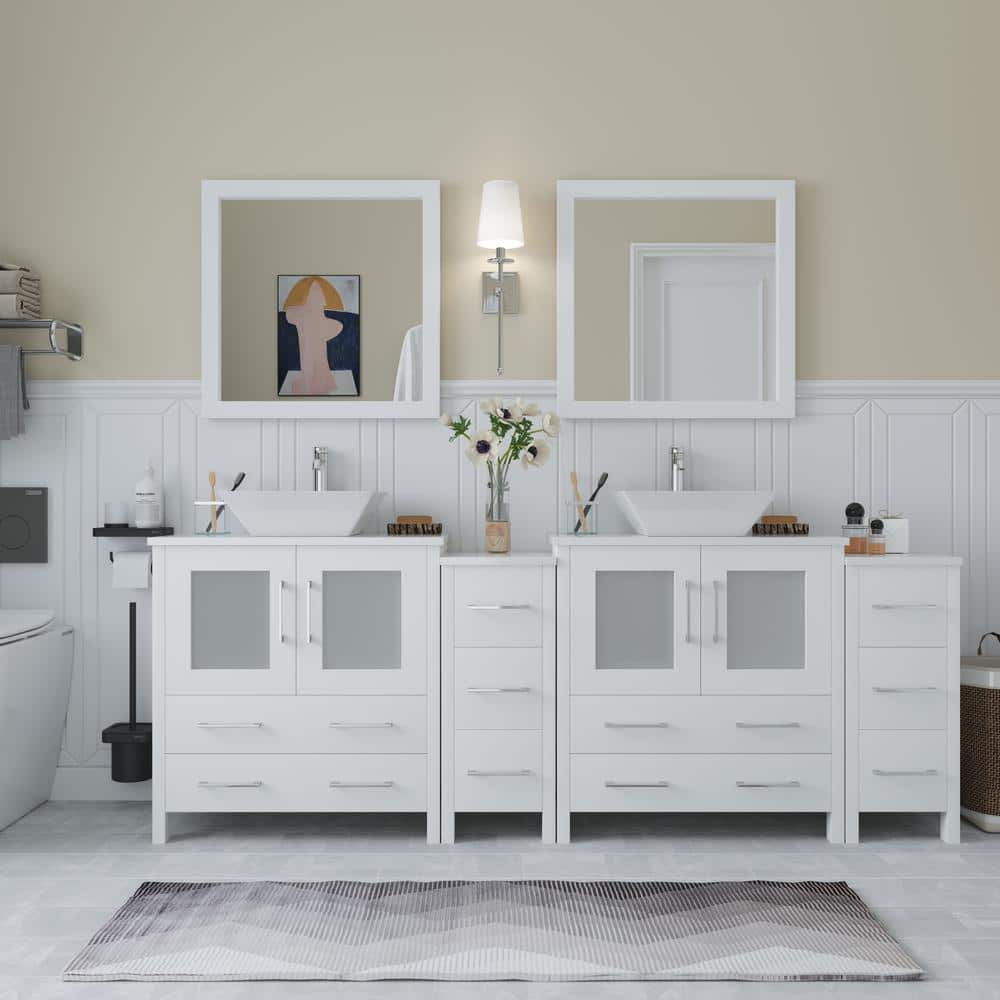 Ravenna 84 in. W Bathroom Vanity in White with Double Basin in White Engineered Marble Top and Mirrors -  Vanity Art, VA3130-84W