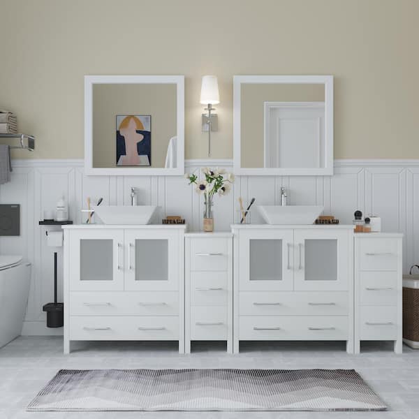 Vanity Art Ravenna 84 in. W Bathroom Vanity in White with Double Basin in White Engineered Marble Top and Mirrors
