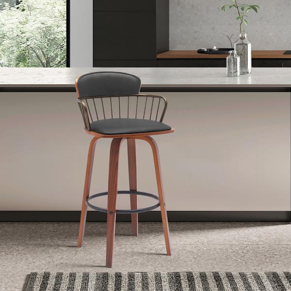 Armen Living Willow Swivel 30 in. Black/Walnut and Golden Bronze Wood Bar Stool with Black Faux Leather Seat