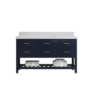 Parker 60 in. Single Sink Freestanding Navy Blue Bath Vanity with Calacatta Sienna Quartz Top Unassembled