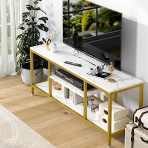 Tabor 59 in. Gold and White TV Executive Desk Stand with 3-Tier Open Storage Shelves up to 65 in.