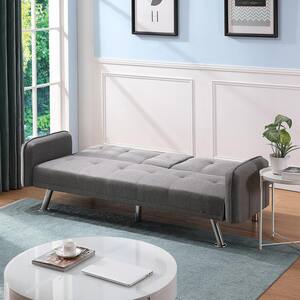 Light Gray Polyester Futon Sleeper Sofa Couch with Drop Down Middle Back