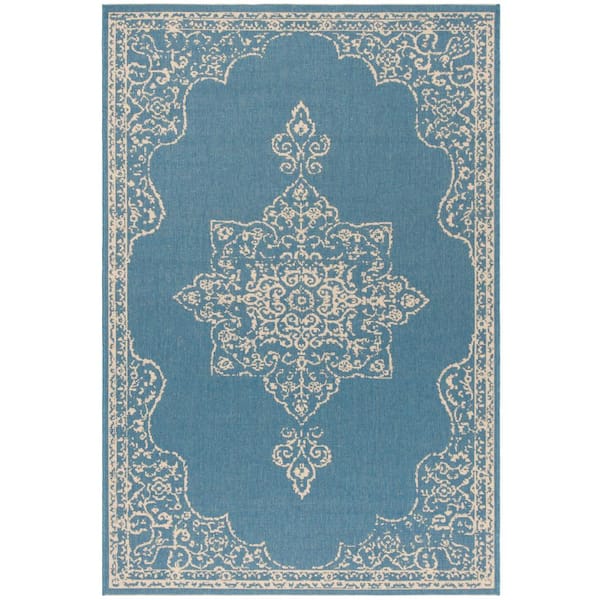 Beach House Cream/Blue Doormat 2 ft. x 4 ft. Border Oriental Indoor/Outdoor Area Rug