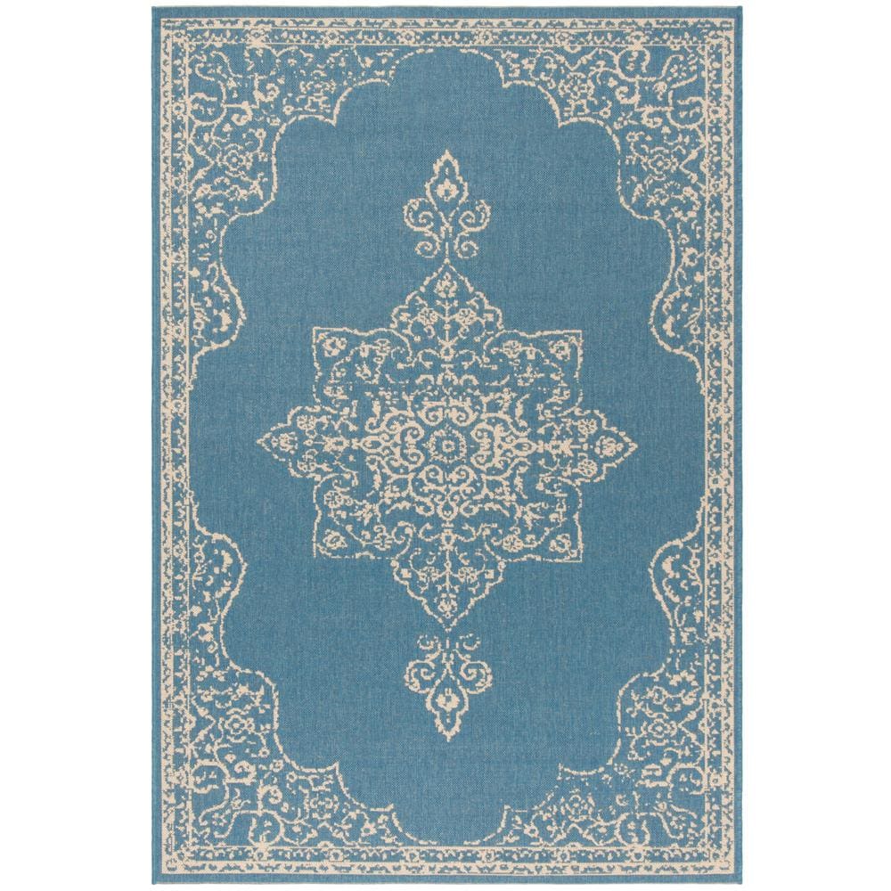 Cream and Blue Rectangular Stain-Resistant Outdoor Rug