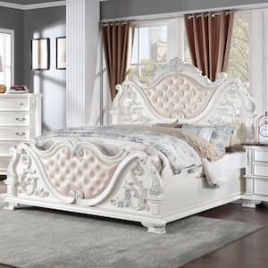 Florince White Wood Frame King Panel Bed with Tufted Headboard