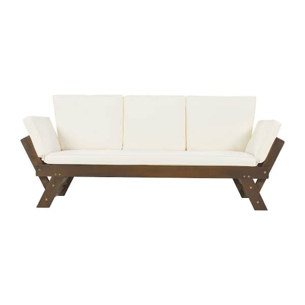 Premium Expandable Solid Acacia Wood Outdoor Daybed Sofa Chaise Lounge with Updated Water-Resistant Beige Cushions