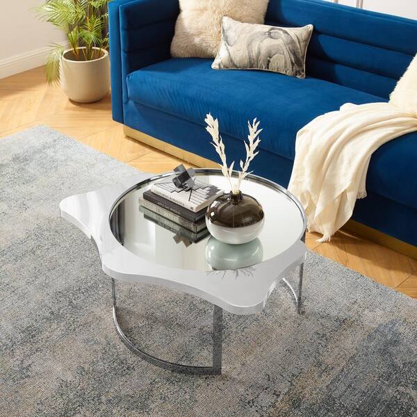 Inspired Home Janine 35.8 in. Chrome Round Glass Coffee Table With Mirrored Top CT534 35SR HD