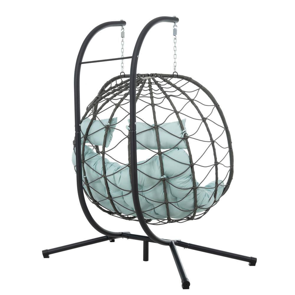 Gray Steel 2-Person Egg Chair with Blue Cushions