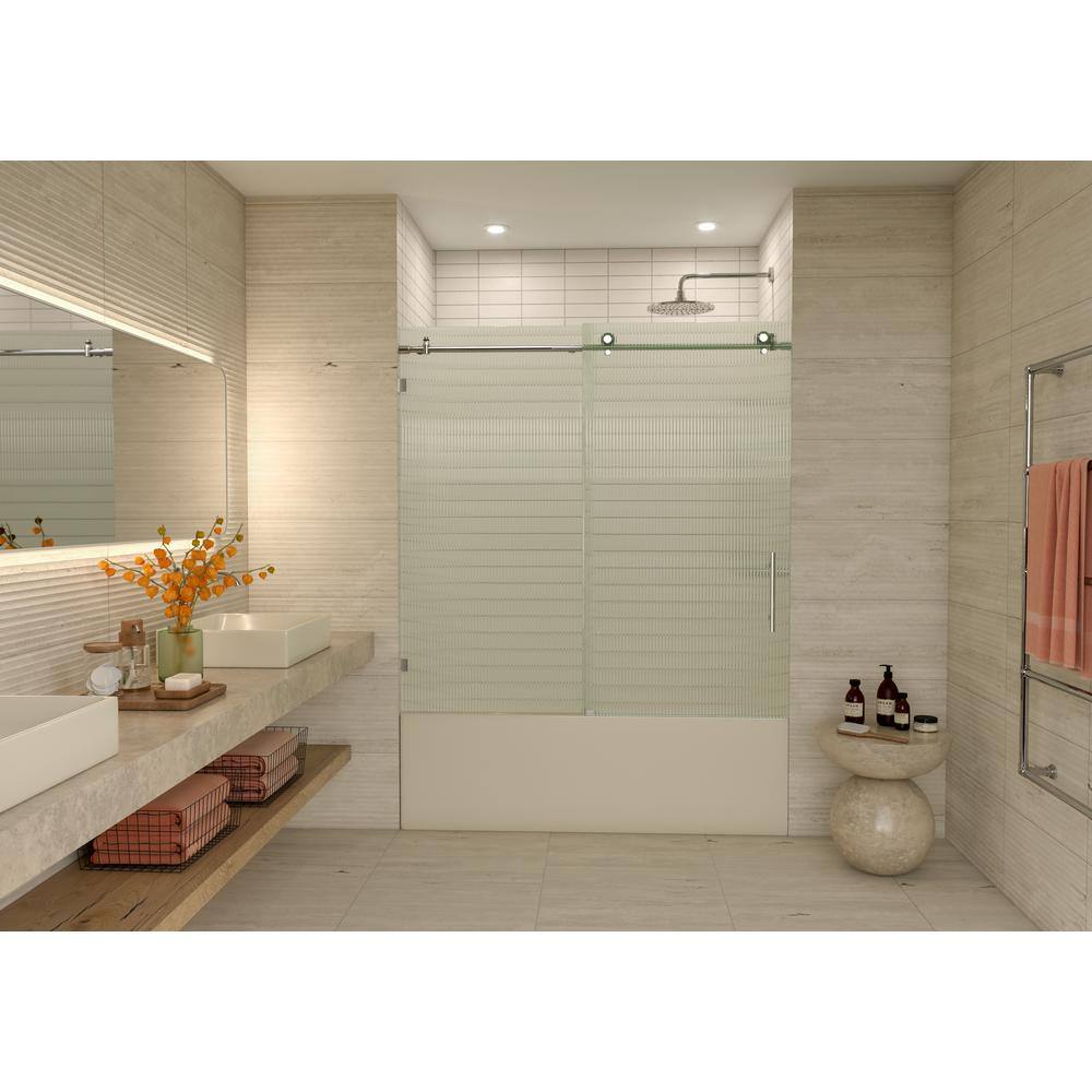 Galaxy 60" Frameless Fluted Glass Sliding Bathtub Door in Chrome