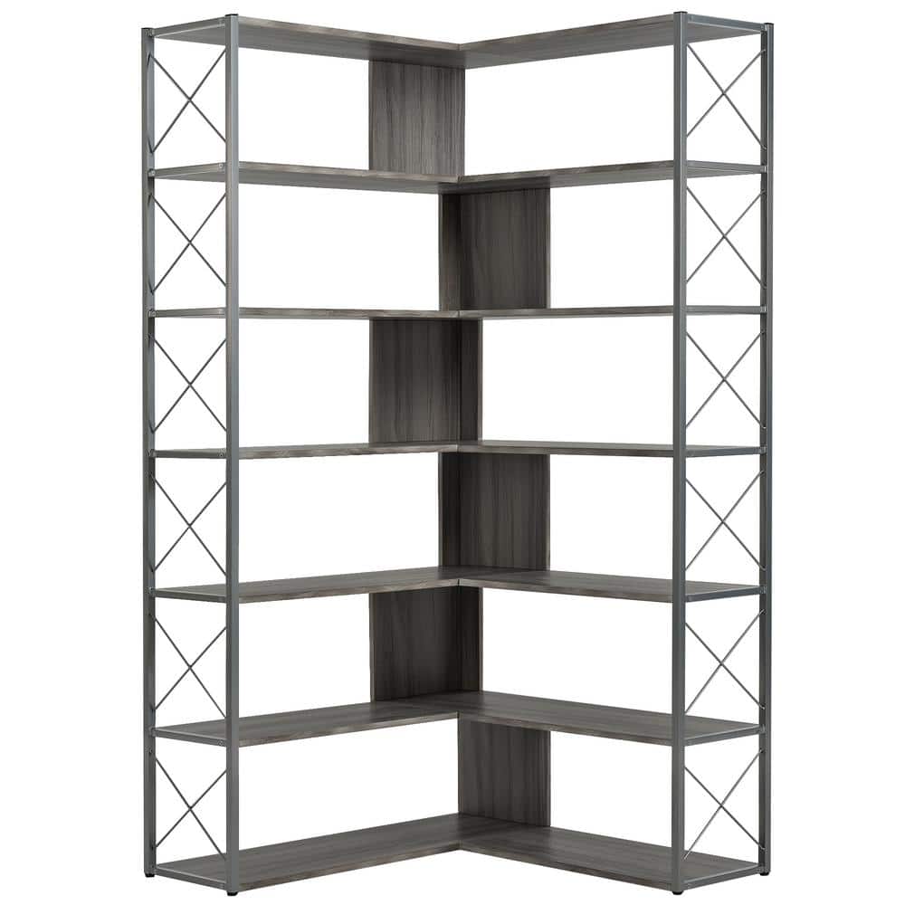 37.4 in. Wide 7-tier Sliver Grey Bookcase L-Shaped Corner Bookshelf with Op