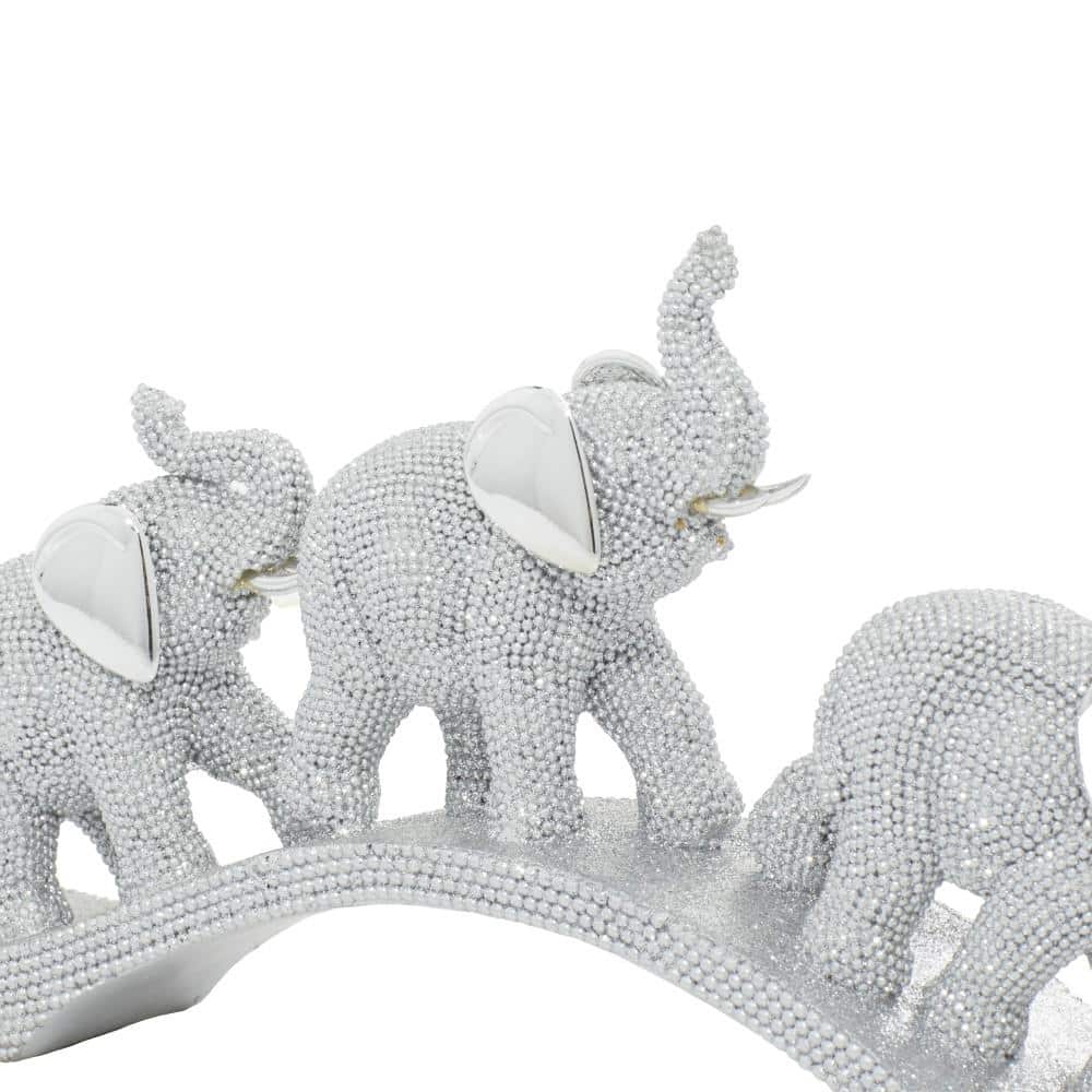 Silver Polystone Elephant Sculpture on Curved Base