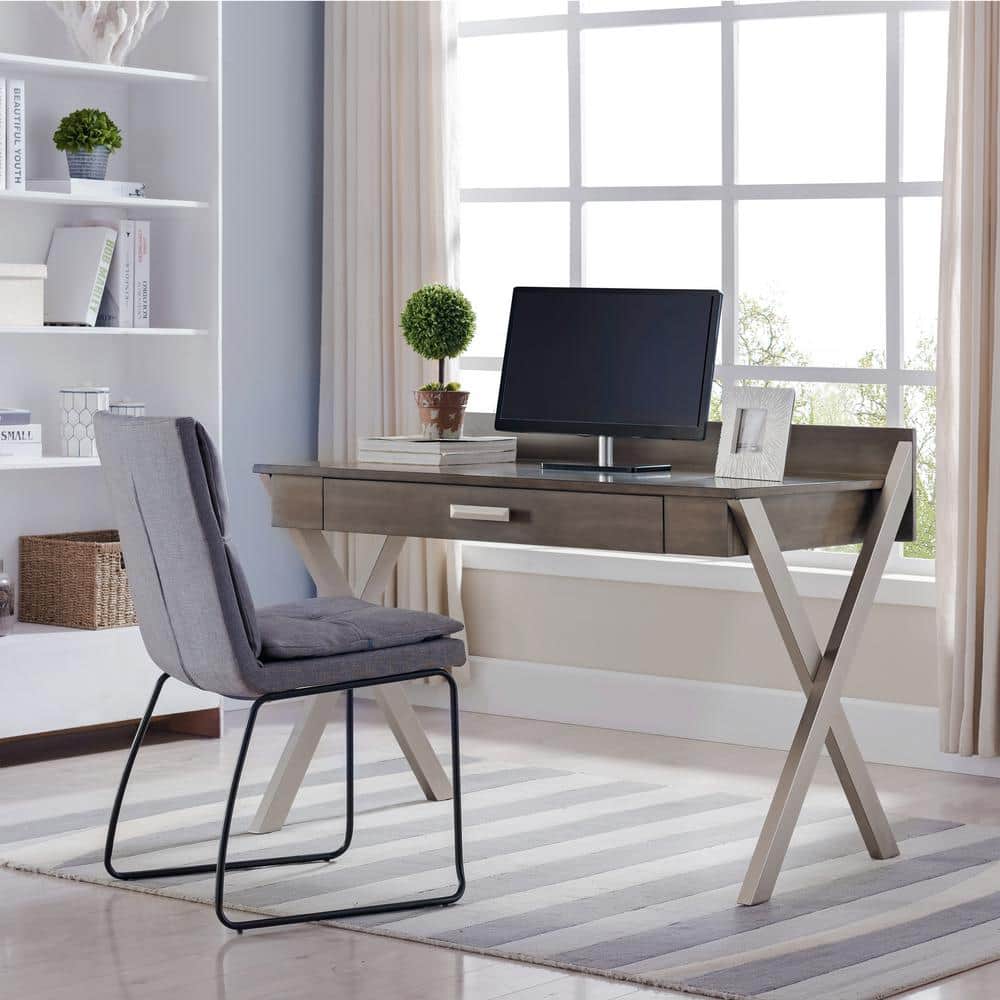 Modern Smoke Gray Wood and Silver Metal Desk with Keyboard Tray
