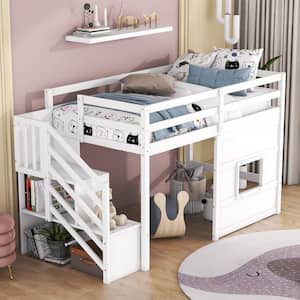 White Wood Frame Twin Size Loft Bed with Storage Staircase and Window