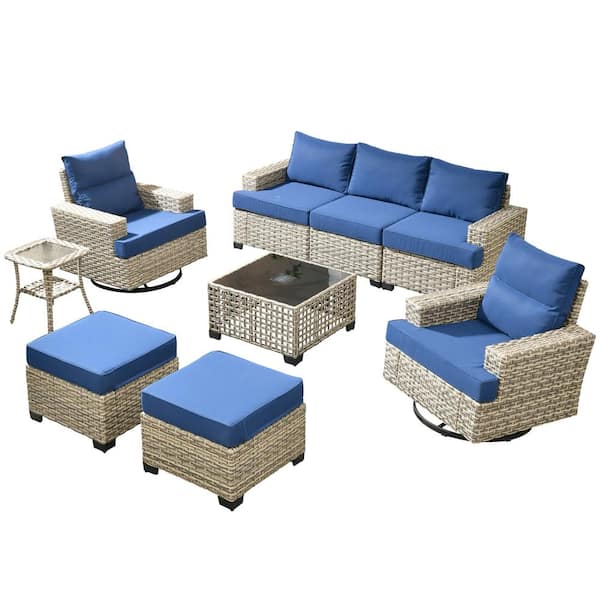 Kelleys 9-Piece Wicker Outdoor Patio Conversation Sofa Furniture Set with Swivel Chairs, Tables and Navy Blue Cushions