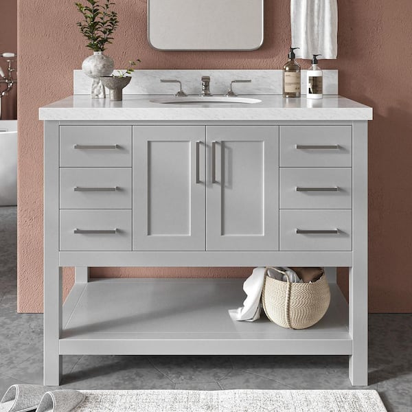 ARIEL Magnolia 42 in. Single Sink Freestanding Bathroom Vanity in Gray with Carrara White Marble Top