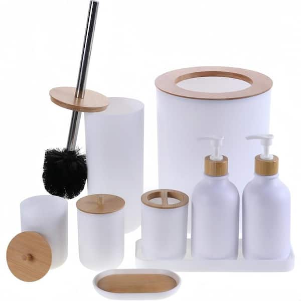 9-Pack Bamboo Bathroom Accessories Sets Complete with Trash Can, Soap Dispenser and Toothbrush Holder in Matte White