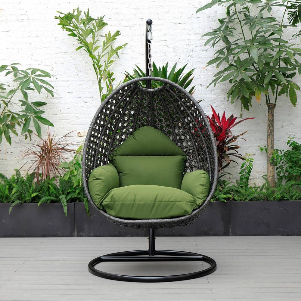 Charcoal Wicker Hanging Egg Chair with Dark Green Cushions