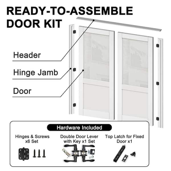48 in. x 80 in. 1/2-Lite Frosted Glass Universal White Solid Core Wood Double Prehung French Door+ Quick Assemble Jamb