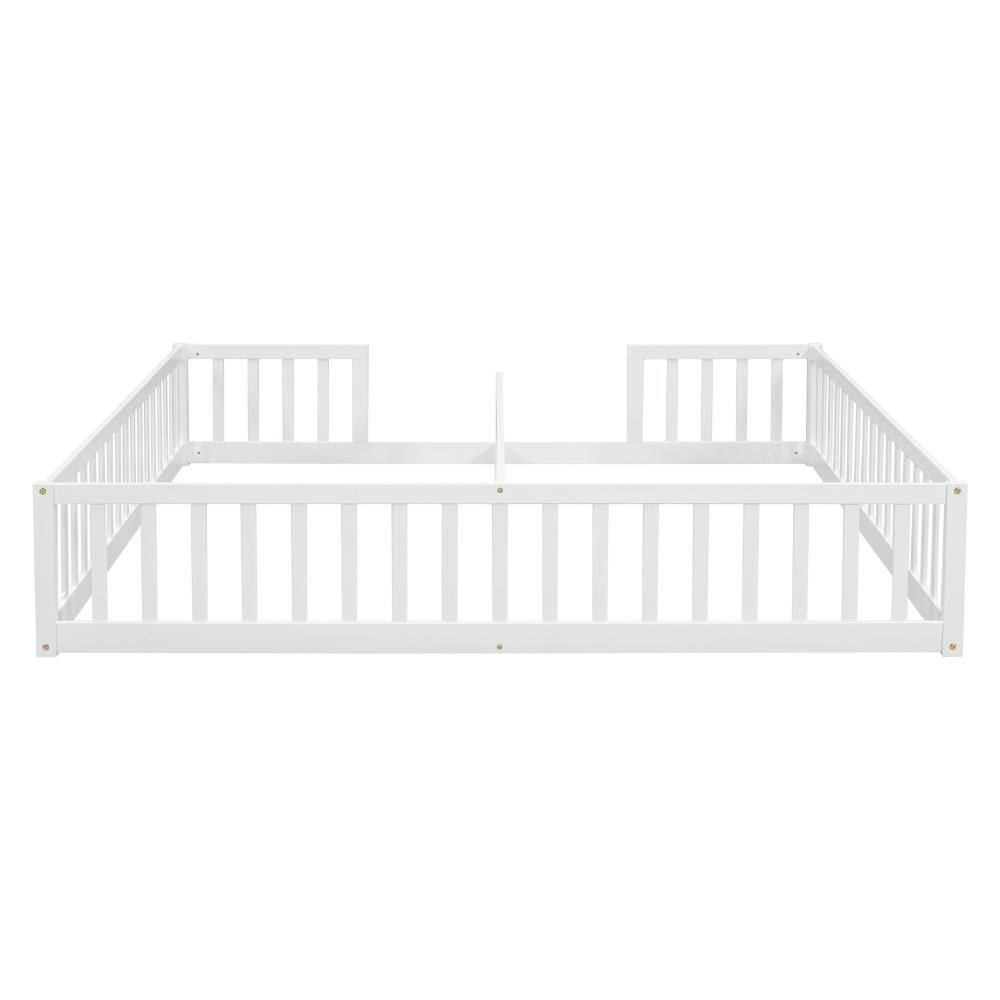 White pine wood bed frame with guardrails and safety fence.